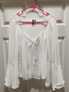 Marciano White Flowing Peasant Blouse with Tie Neck